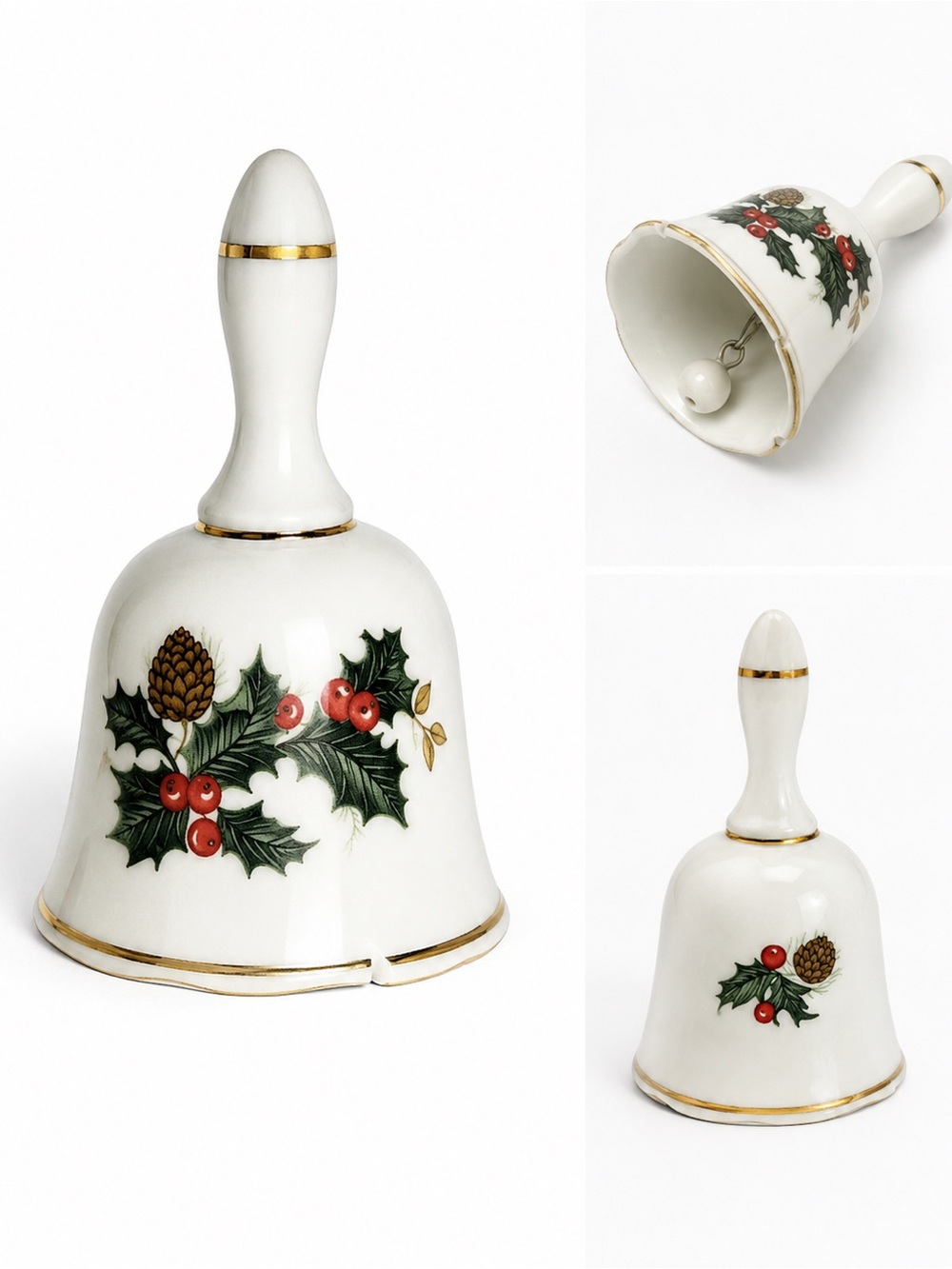 Vintage Porcelain Christmas Bell Holly Berry Gold Trim Holiday Decor